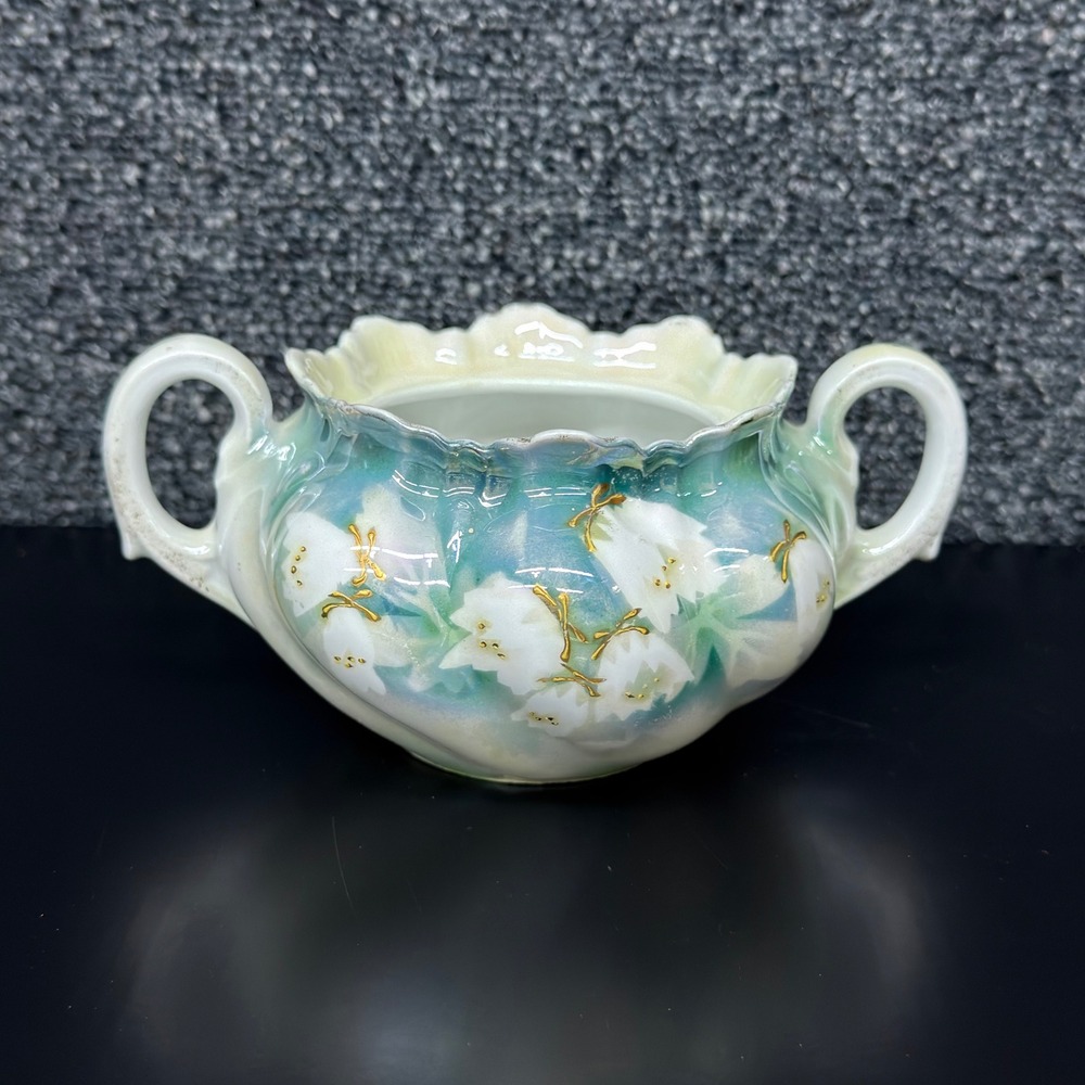 Antique RS Germany Porcelain Sugar Bowl Green White Floral Gold Gilt Scalloped